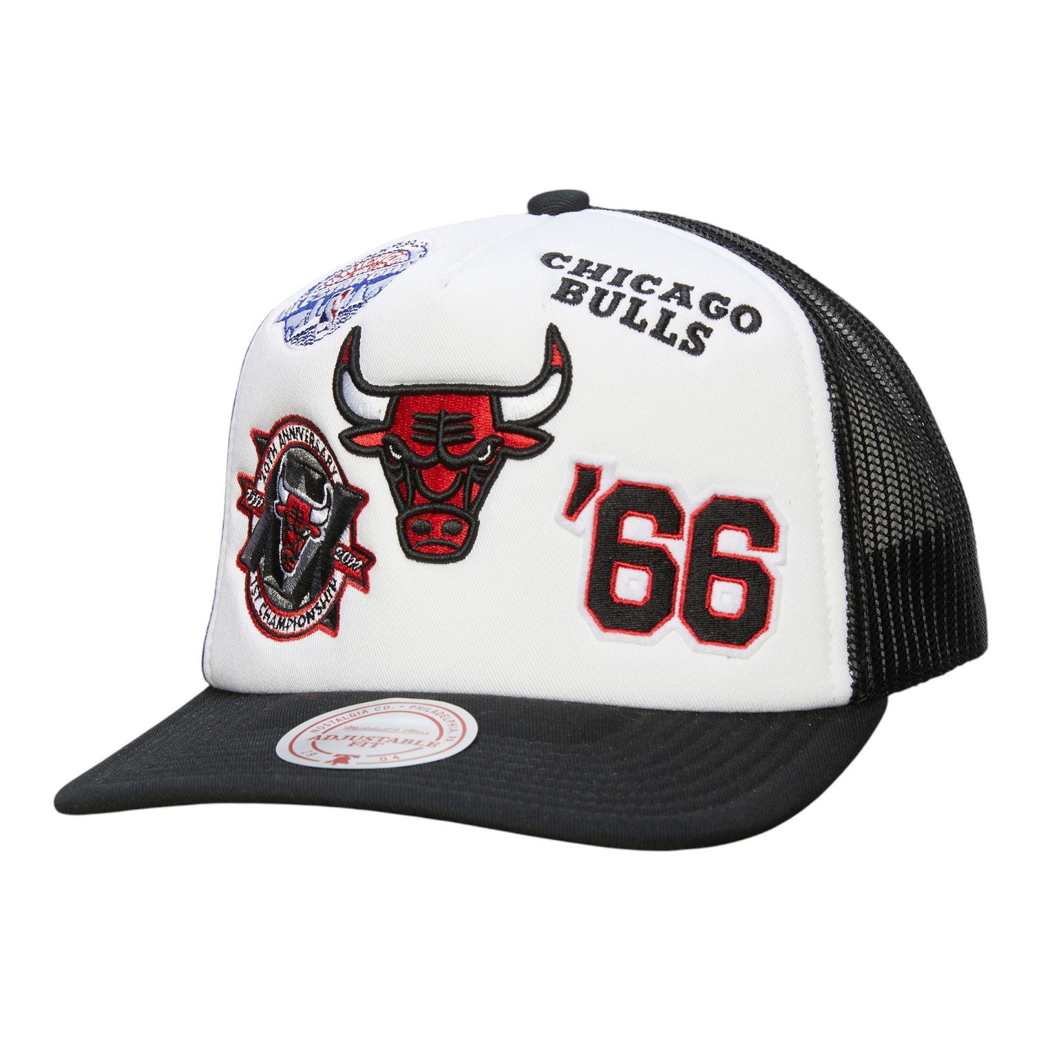 Chicago Bulls cap with black mesh back and team logos on a white background
